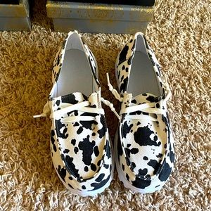 Cow print boat shoes (hey dude knock-offs)